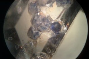 inclusioni di cristalli di fluorite in un quarzo