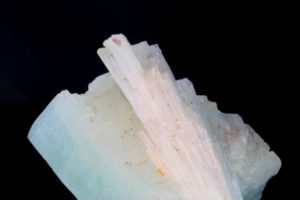 scolecite crystals on green apophyllite from Brazil